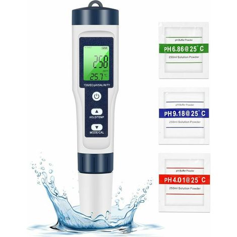 Appareil de mesure numérique multiparamètre 5 en 1, pH/TDS/EC/température, écran LCD rétroéclairé, pour aquariums et piscines, finition verte.-AquaForge (1/4)