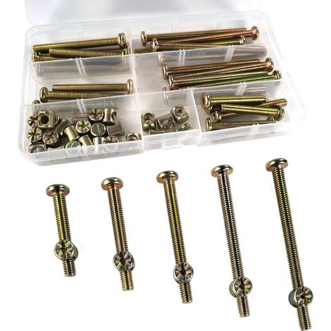 50 vis à six pans creux M6 et écrous cylindriques pour meubles, lits et chaises, 6 mm x 40/50/60/70/80 mm, finition zinguée (1/5)