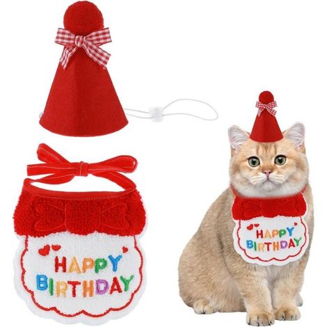 Bandana pour Animal de Compagnie Chat et Chien Happy Birthday - Foulards et Chapeau de fête - Mini Chien- Accessoires pour Animaux domestiques - Rouge