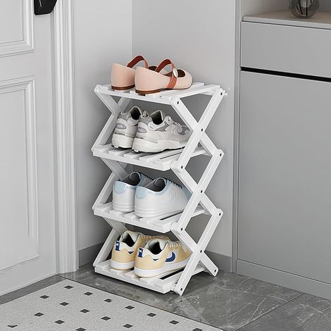 Range-chaussures vertical, Design étroit, Structure en bambou, Pliable, Autoportant (sans fixation murale), Idéal pour entrées et couloirs (Blanc, 4 niveaux)