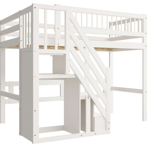 Cama alta infantil 90 x 200 con escalera de almacenamiento, blanco, madera (1/5)