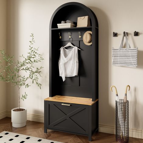 Perchero de entrada 75x35x195 cm de MDF negro con almacenaje FloraGrace (1/5)