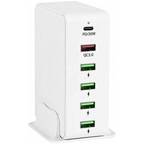 BUNTHAUS Chargeur USB 65W 6 ports – Charge rapide USB-C 20W et Quick Charge 3.0 – Compatible iPhone 12 Mini, Xiaomi Redmi Note 10 Pro - 6-Ports (1/5)