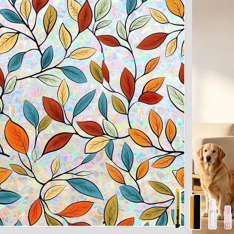 Anti-Blackout Window Film for Windows Anti Heat (17.5 x 200 cm) Electrostatic Adhesive Rainbow Green Leaves Decorative for Living Rooms, Kitchens, Bedrooms, Bathrooms (1/5)
