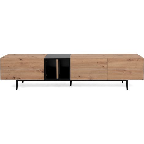 Meuble TV 3 abattants - Decor chene et noir - L 195 x P 37 x H 48 cm - NOLA (1/5)