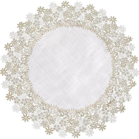 Nappe ronde en lin avec motif floral et bordure en dentelle, 60 cm, Blanc