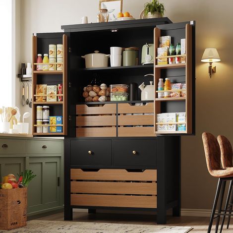 80 x 40 x 140 cm, meuble de cuisine, buffet haut, buffet polyvalent, meuble de rangement, avec deux portes et cinq tiroirs, noir (1/5)