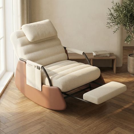 Sedia a dondolo con poggiapiedi pieghevole, poltrona relax, schienale regolabile in 3 posizioni, tessuto in velluto a coste, stile moderno, Beige