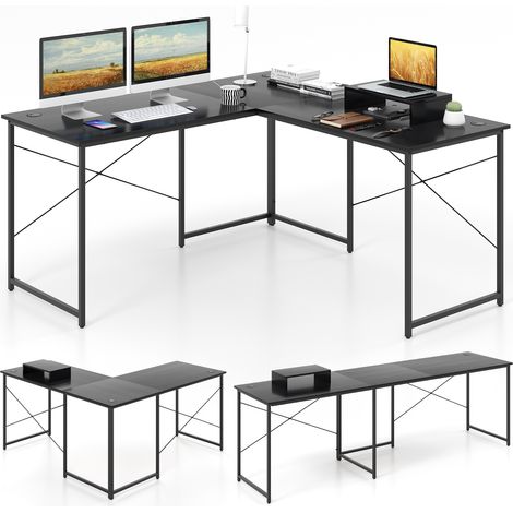 COSTWAY L-Shaped Computer Desk Reversible Corner Study Writing Desk-Black (1/5)