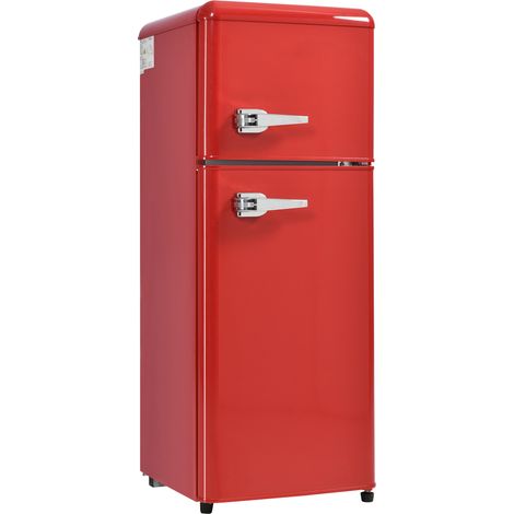 Frigo rétro 105,5 x 41 cm deux portes, 92L total, 28L congélation. 116 kWh / an,-27°C13°C, étagères verre et lumière LED