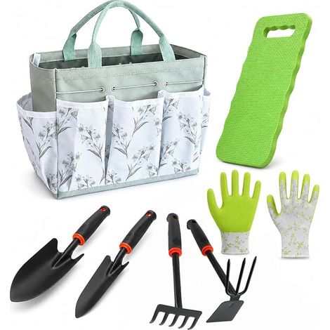 Lot de 7 outils de jardin en acier inoxydable avec poignée en caoutchouc antidérapant, pelle, râteau, sac de jardin, gants, coussin de genoux, cadeau de jardin pour homme et femme (1/5)