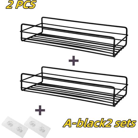 (A-Noir, lot de 2) Étagère de salle de bain, accessoires de salle de bain, étagère de rangement pour shampoing, porte-cosmétiques, étagère métallique sans perçage, organisateur de condiments, étagère (1/5)