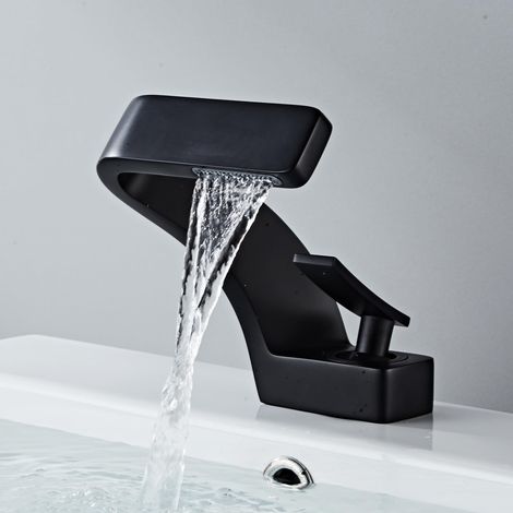 Robinet cascade 2239 - Robinet mitigeur de salle de bain - Robinet en cuivre pour lavabo d'hôtel - Noyau de valve en céramique - Montage monotrou - Design d'économie d'eau (noir) (1/5)
