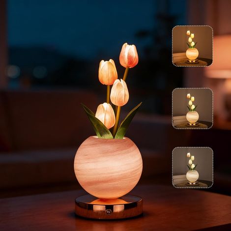 Lampe De Table Tulipe, 3 Couleurs Lampe De Chevet Tactile en Cristal avec Vase à Intensité Variable (Tulipe-Rose) (1/5)