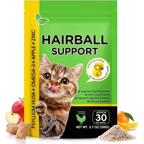 Anti-Hair Ball Complex for Cats, 30 Chicken Flavoured Treats with Psyllium and Omega-3 Envelope, Helps with Natural Removal of Swallowed Hair, Skin and Coat Care (1/5)