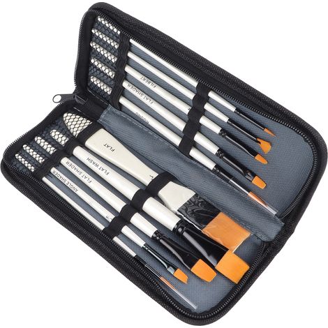 Ensemble de 10 pinceaux pour peinture à l'huile, avec poils en nylon doré, manches en bois, anneaux en aluminium et pochette de rangement. Convient aux peintures acryliques et aquarelles. (1/5)
