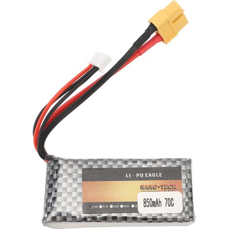 Batterie LiPo 7,4 V 850 mAh 70C 2S avec connecteur XT60 pour drone QAV250 et voiture/camion RC à l'échelle 1/18 (1/5)