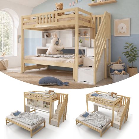 Multifunktionales Etagenbett 90x200 mit Schreibtisch und Ausziehbett, Kinderbett mit Treppenschrank & Regal, Holz Hochbett, Weiß & Eiche (1/5)