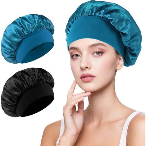 Set da 2 pezzi - Cuffia da notte in raso - Elastica e regolabile - Riduce l'effetto crespo - Per uomo e donna - Nero e blu pavone (1/5)
