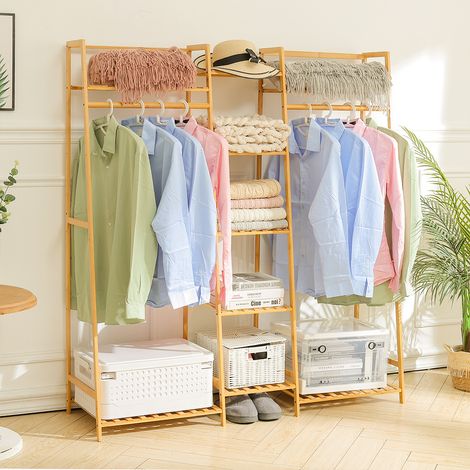 Natural Wood Bamboo Trapezoid Storage Shelves Clothes Hanging Rack (1/5)