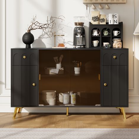 Buffet 150 x 30 x 89,7 cm - Buffet noir moderne avec verre marron, poignées et pieds en métal, design élégant avec panneaux incurvés, meuble de rangement pour salle à manger/salon - Noir (1/5)