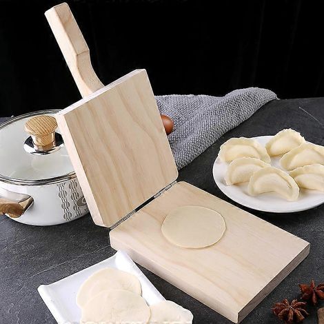 Tortillapresse, langer Griff, quadratisch 15 x 17 cm, Naturholz, Küchenutensil, Teigpresse für Teigtaschen (1/4)