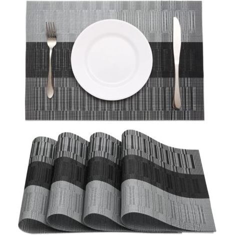 Lot de 4 sets de table noirs en vinyle tissé, résistants à la chaleur, lavables et antidérapants, pour décoration de table de cuisine, salle à manger, intérieur ou extérieur (1/4)
