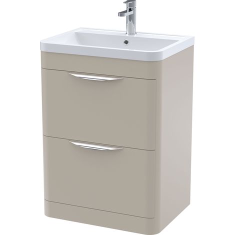 Aldershawe Contemporary Floor Standing 2 Drawer Vanity Basin Unit, Polymarble Basin, 600mm, Pebble Grey (1/4)