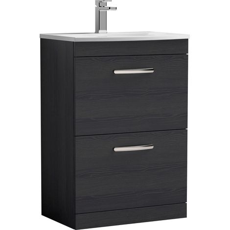 Millwich Contemporary 2 Drawer Floor Standing Vanity Unit with Curved Basin, Charcoal Black, 600mm