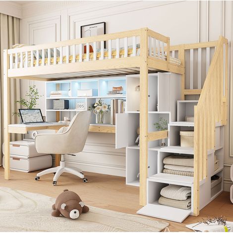 Cama alta moderna 90x200 cm de pino blanco+natura con LED, escalera con almacenaje, escritorio y estantes
