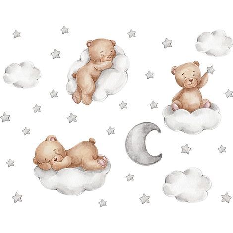 Abnehmbare Wandsticker für Kinder, Wandaufkleber mit Bär, Wolken, Sternen und Mond, Tier-Wandsticker für Kinderzimmer, Babyzimmer, Kinderkrippen (1/5)