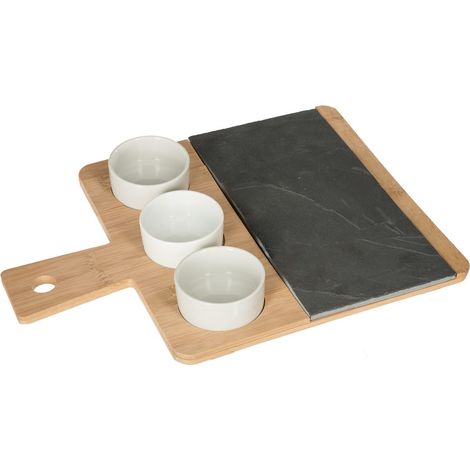 Set da aperitivo in bambù - set per antipasti, tagliere in bambù e ardesia, piatti in porcellana, dimensioni tagliere in bambù: 35,5x26 cm ardesia: 26x13 cm piatto: 7x3 cm - Sg secret de gourmet (1/5)
