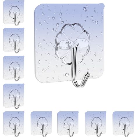 10 Pcs Crochet Adhesif Mural Charge Maximale 10kg, Crochets Adhesif imperméables, Accroche Serviette Salle de Bain Crochets Adhesifs Transparents pour Salle de Bain Cuisine Salon