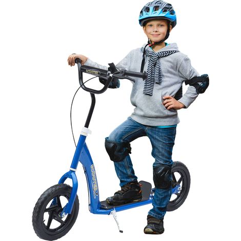 Patinete infantil con ruedas de 30 cm, manillar regulable en altura, freno y caballete, cuadro de acero, para niños a partir de 5 años, color azul.