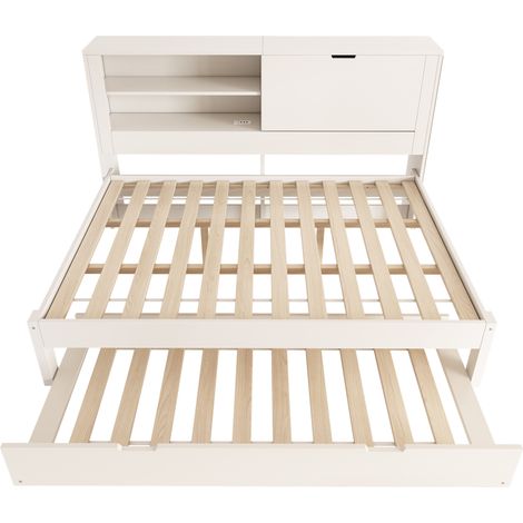 Lit banquette convertible 140 x 190 cm blanc avec lit gigogne et rangement MODENUIT (1/5)