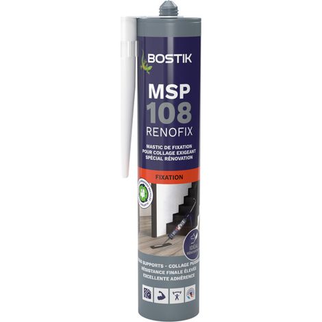 Bostik Mastic de Fixation MSP 108 RENOFIX, Mastic MS Polymères Tous Matériaux, Intérieur/Extérieur, Couleur : Blanc, Cartouche de 290 ml (1/4)