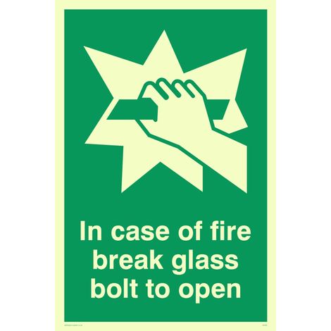en cas d'incendie Briser en verre Boulon pour ouvrir Sign, Semi Rigide Plastique Photoluminescent, 150 mm H x 100 mm l