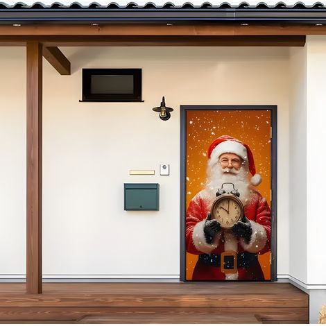Nouvelle décoration de porte de Noël, motif Père Noël pour jardin, cour ou extérieur - 90 x 180 cm (perforée + ruban) - 8 pièces