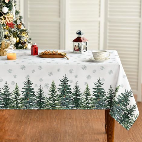Nappe de Noël Motif flocons de neige et sapins, rectangulaire 140x200 cm, pour protection de table en hiver, idéale pour les fêtes, décoration de maison (1/5)