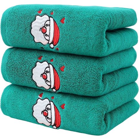 Serviette De Bain - Serviette Main En Coton Brodée Thème Noël - 75 x 35 cm - Vert Rouge Jaune Vert Clair Violet - Lot De 3 (1/5)