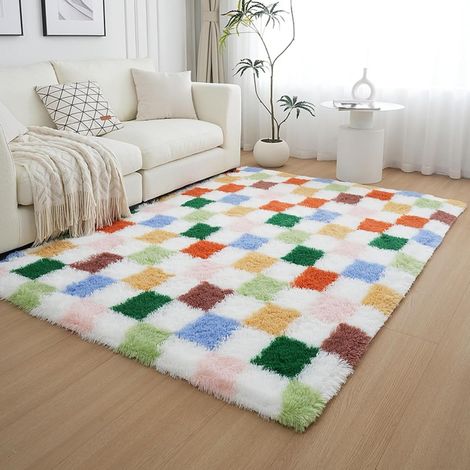 Tappeto a pelo lungo per soggiorno, con motivo a scacchi colorati, comodo tappeto antiscivolo per camera da letto, tappeto a pelo lungo, tappeto in pelliccia sintetica, tappeto morbido per camera da l (1/5)