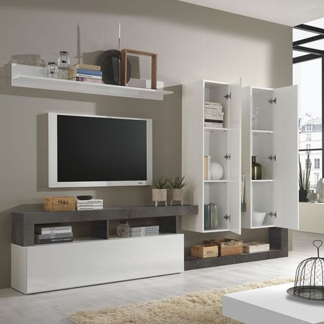 Parete soggiorno moderna bianco laccato lucido e Pero o Ossido L. 277 cm- Praga Ossido