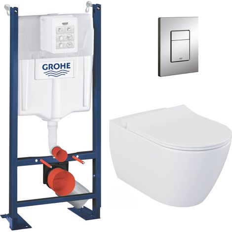 Grohe Pack WC Bâti-autoportant Rapid SL + WC sans bride Bello + Abattant softclose + Plaque chrome (ProjectBello-1) (1/5)