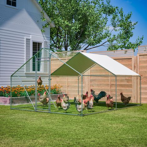 Enclos poulailler 3x4 m en acier galvanisé avec échelle de perchoir, bâche PE anti-UV/imperméable et verrou + cadenas