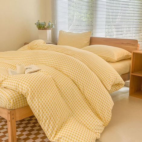 Parure de lit 135x200 Set, à carreaux jaunes, motif carreaux de style maison de campagne 8mm, géométrique 135x200cm housse de couette + 80x80cm taie d'oreiller, design carreaux de paysan (1/5)