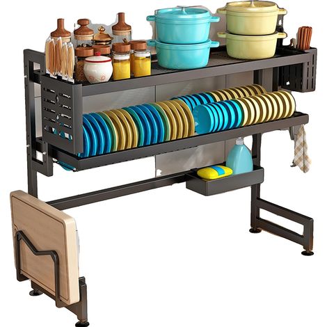 Escurridor de platos, diseño multifuncional para colocar sobre el fregadero, fácil de limpiar, color negro. (1/5)