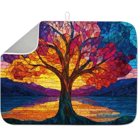 Tapis d'égouttoir à vaisselle Motif arbre de vie - En microfibre absorbante - Antidérapant - 60 x 45 cm - Pour table, plan de travail, évier, café, bar (1/5)