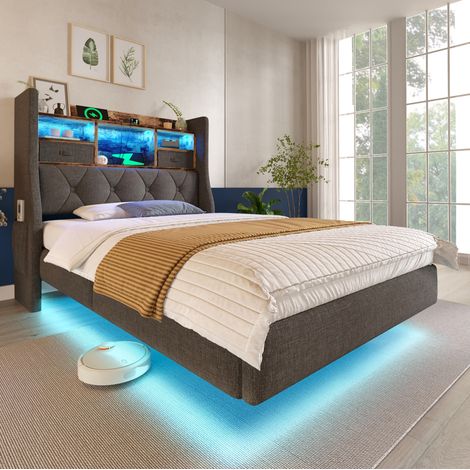 Letto bambini 90x200 cm con illuminazione LED, testiera con vano portaoggetti, 1 porta USB Type-C e 3 porte USB, piedini nascosti, lino, senza materasso, grigio (1/5)