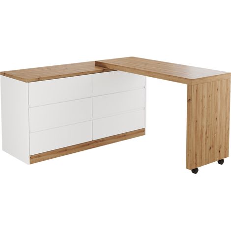 Scrivania girevole multifunzione 120 x 50 cm con 6 cassetti bianco e rovere (1/5)