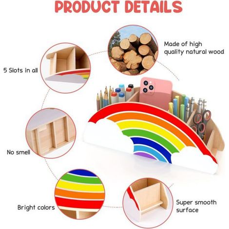 Porte-stylo multifonctionnel en bois arc-en-ciel pour enfants et classe, dimensions 32.5 x 13.5 x 6.5 cm, rangement pratique pour fournitures scolaires et bureau (1/5)